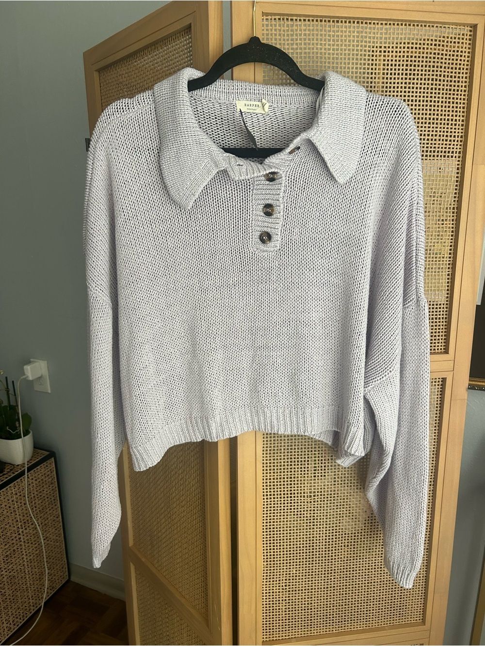 Harper Heritage Lavender Cropped Knit Sweater Collared Oversized XL